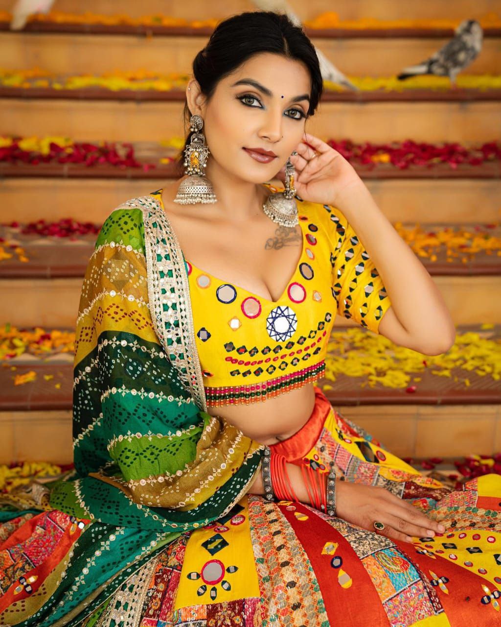 Yellow Yellow Lehenga Choli With Mirror Work And Attached Multi Dupatta