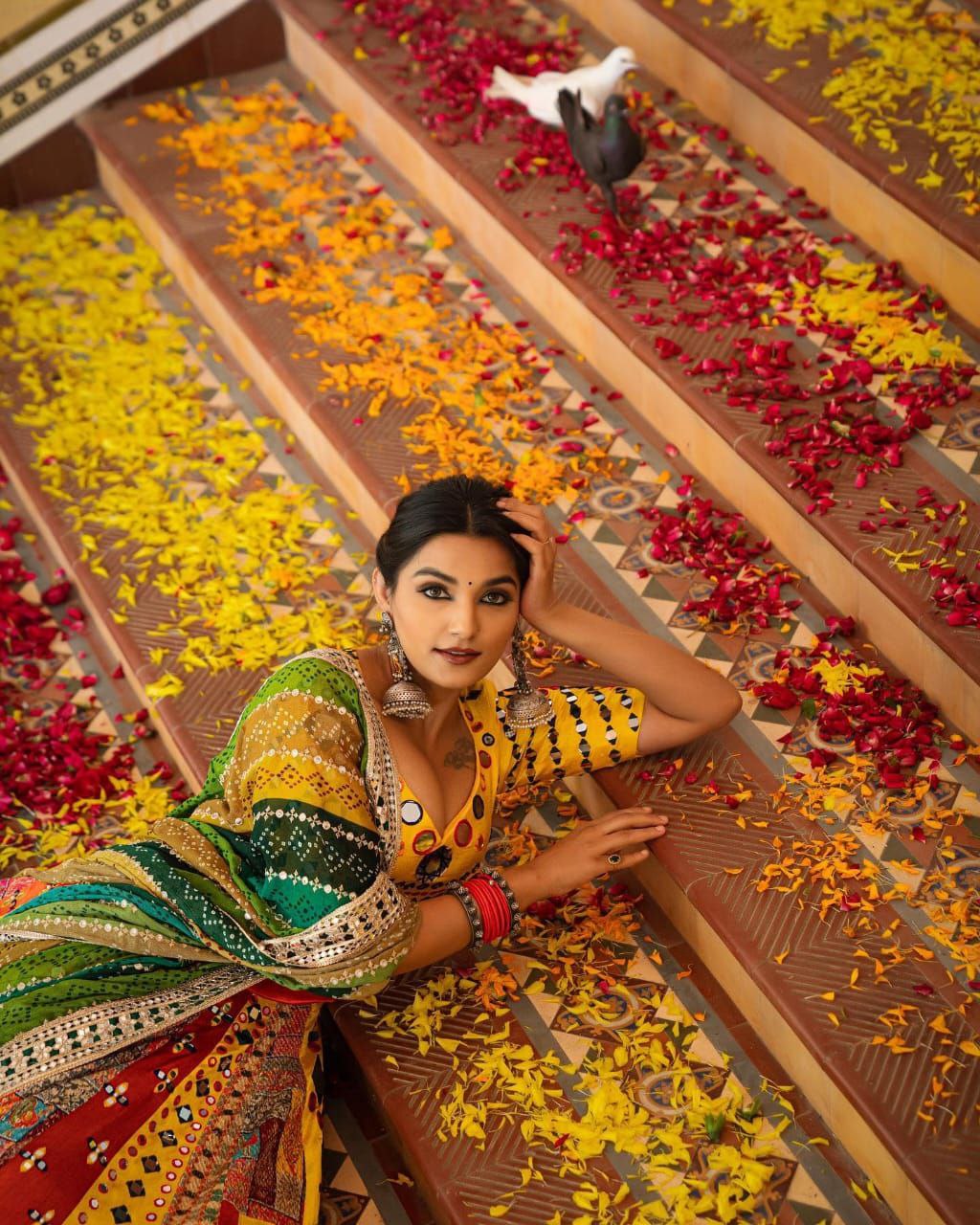 Yellow Yellow Lehenga Choli With Mirror Work And Attached Multi Dupatta