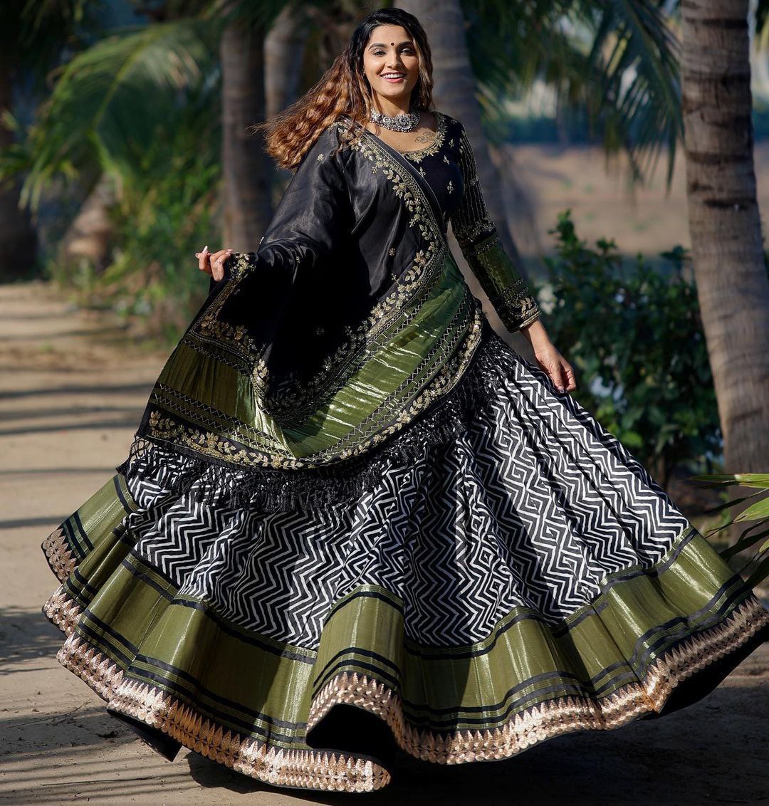 Black Black Lehenga Choli With Mirror Work And Attached Black Dupatta