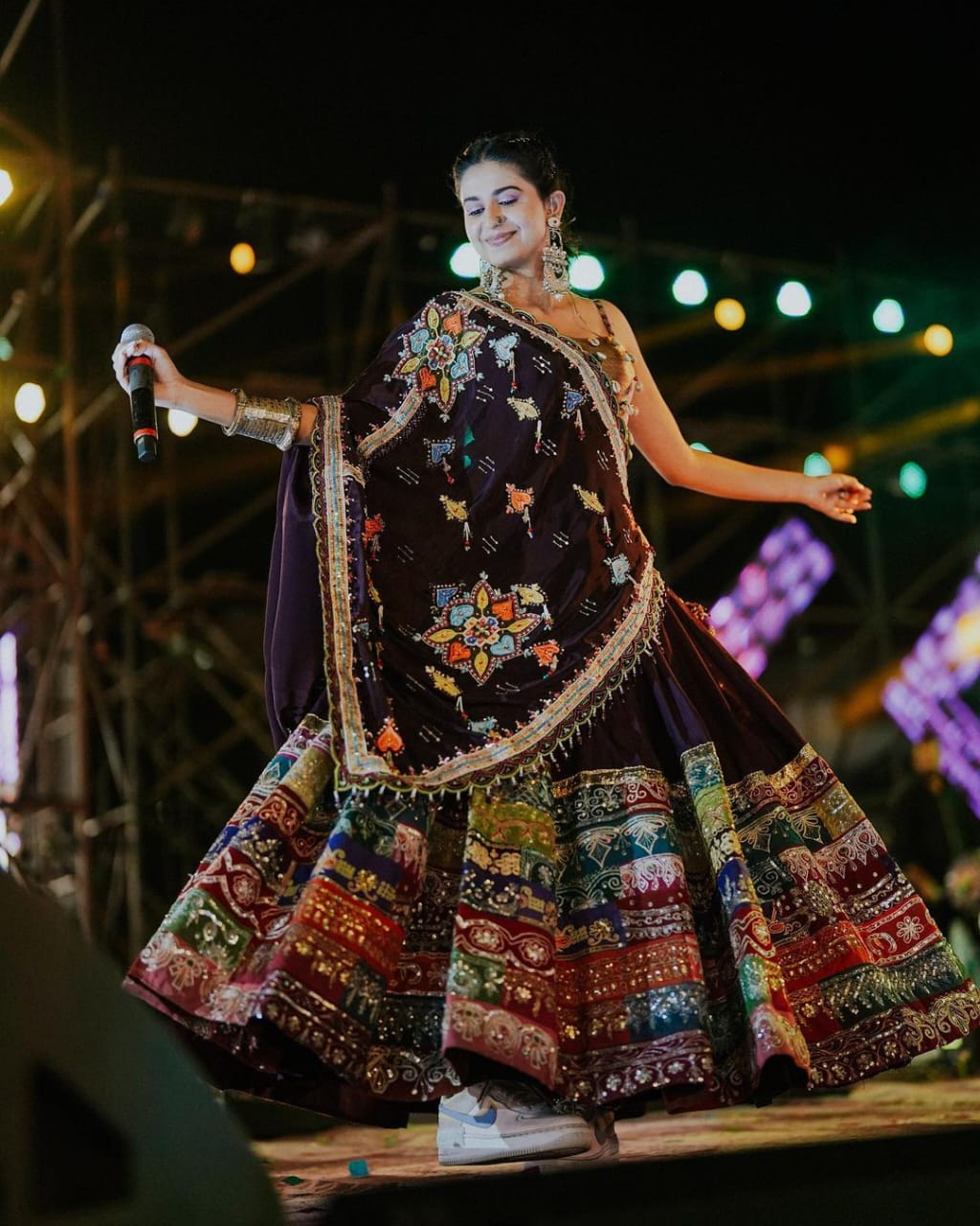 Dark Purple Cream Lehenga Choli With Mirror Work And Attached Dark Purple Dupatta