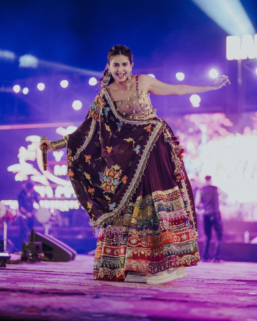 Dark Purple Cream Lehenga Choli With Mirror Work And Attached Dark Purple Dupatta