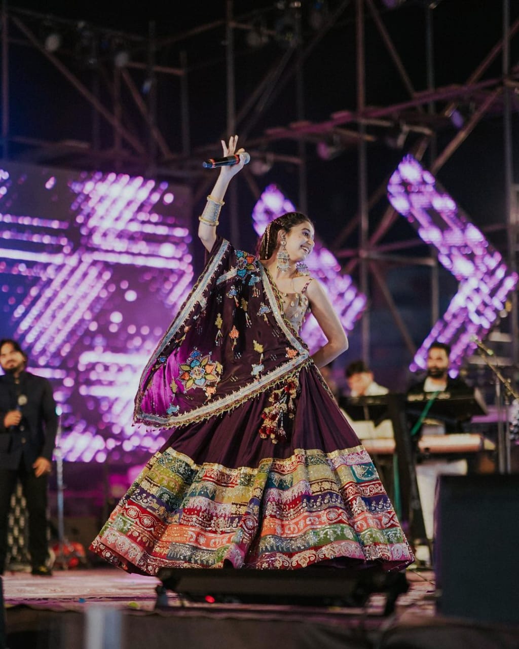 Dark Purple Cream Lehenga Choli With Mirror Work And Attached Dark Purple Dupatta