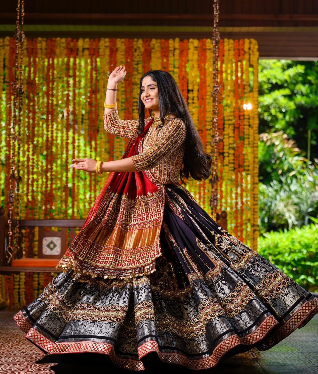 Black Red Lehenga Choli With Mirror Work And Attached Red Dupatta