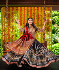 Black Red Lehenga Choli With Mirror Work And Attached Red Dupatta