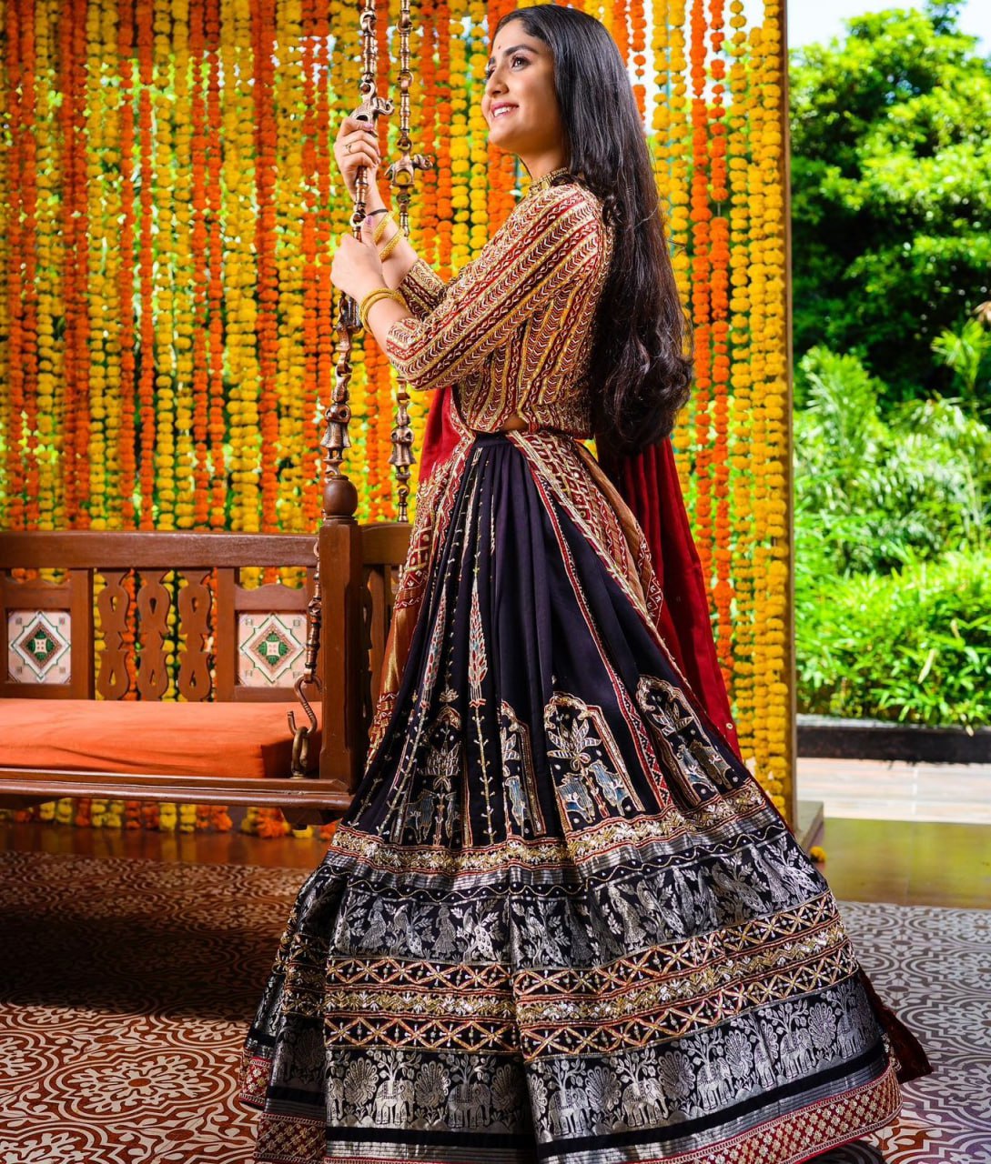 Black Red Lehenga Choli With Mirror Work And Attached Red Dupatta