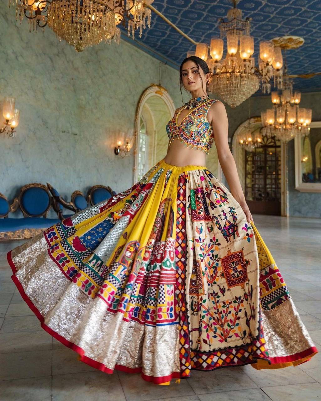 MULTY Lehenga Choli With Mirror Work And Attached Red Dupatta