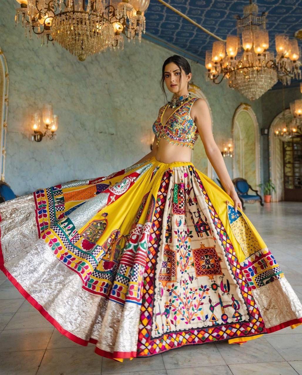 MULTY Lehenga Choli With Mirror Work And Attached Red Dupatta