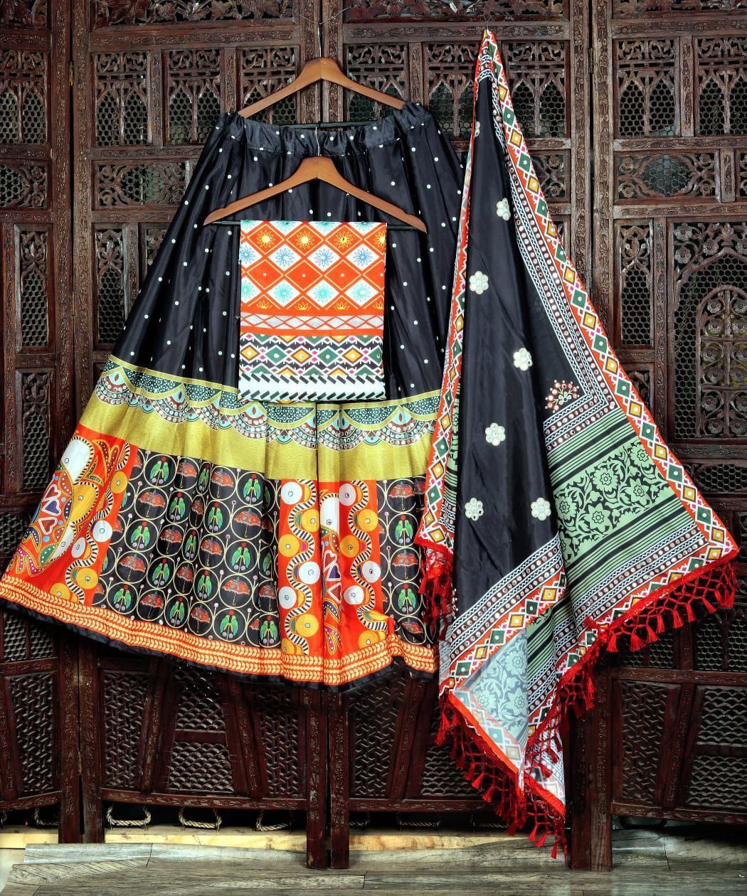 Black Orange Lehenga Choli With Mirror Work And Attached Black Dupatta