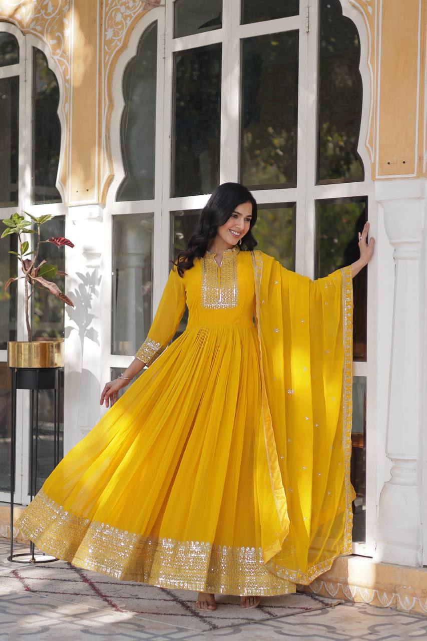 Faux Blooming Georgette with Rich Sequins Embroidered work GOWN WITH DUPATTA