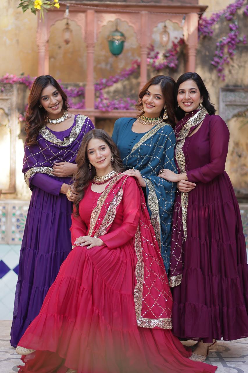 Women's Fully Flair Gown Made With Star Georgette Fabrics and Designer Embroidered Dupatta