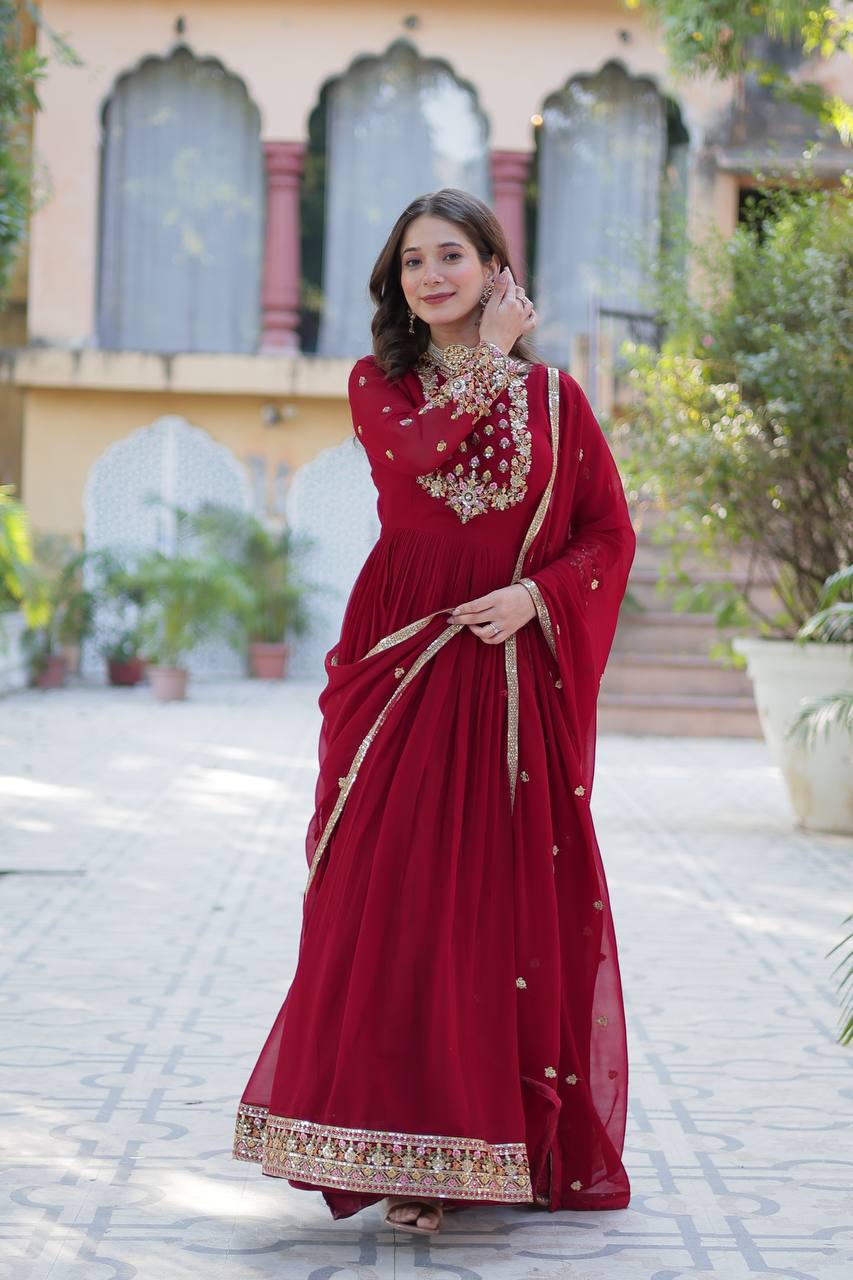 Georgette With Attractive lace and embroidered work Gown