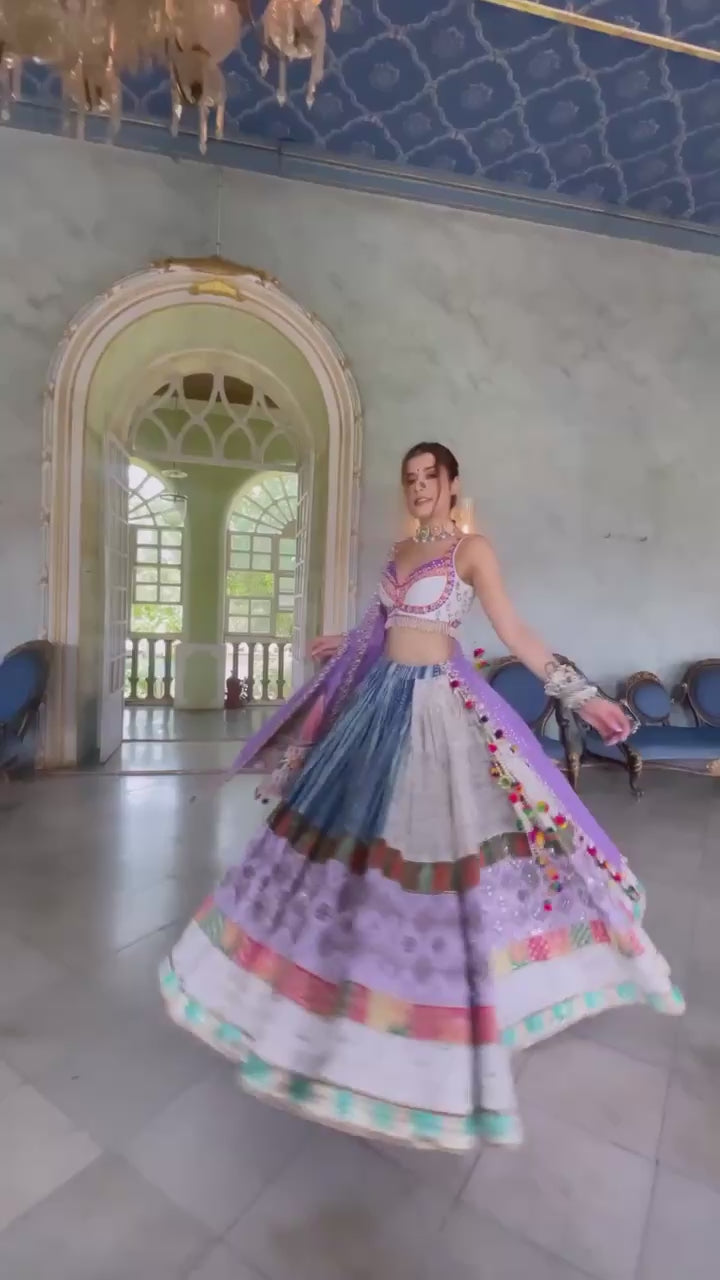 White White Lehenga Choli With Mirror Work And Attached Light Purple