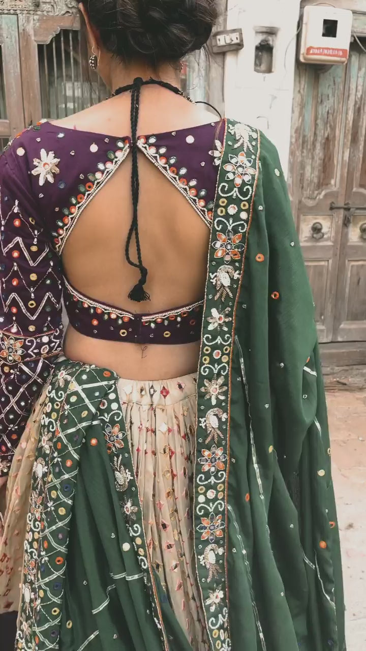 Cream Purple Lehenga Choli With Mirror Work And Attached Green Dupatta