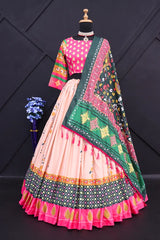 Light Pink Pink Lehenga Choli With Mirror Work And Attached Green Dupatta